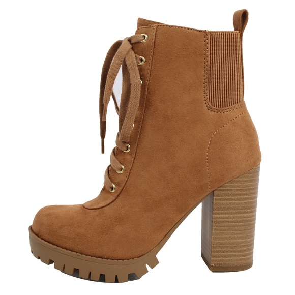 Size 9 Tan Faux Suede Lace Up Stacked Block Heel - Picture 2 of 8